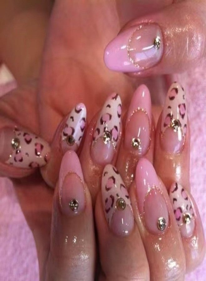 GRITOSE Pink Press on Nails Almond Fake Nails Leopard Print French Tip Press ones with designs Rhinestones Acrylic Nails Gold Glitter Artificial Nails Full Cover Glue on Nails for Women Manicure24pcs - Image 1
